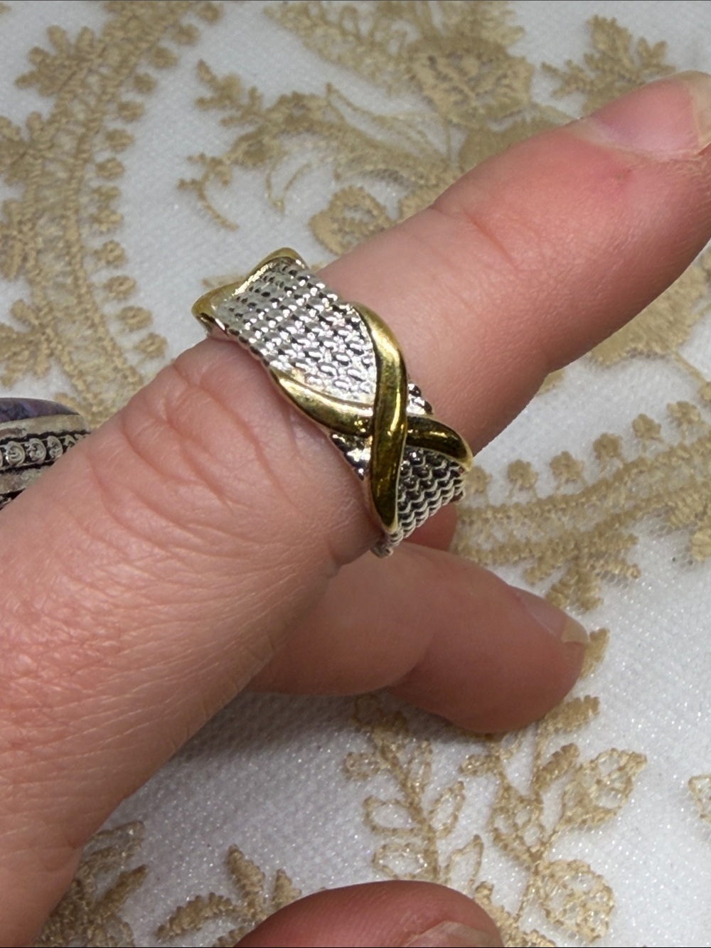 Two-Tone Gold and Silver Mesh Crossover Ring